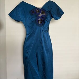 Vera Wang Lavender Label Teal Blue Sheath Dress with Decorative Embellishment